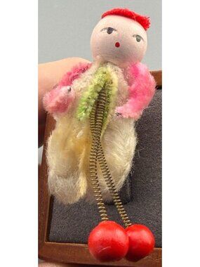 Vintage Japan Figural Doll Brooch Pipe Cleaner Chenille Spring Berry Jiggler